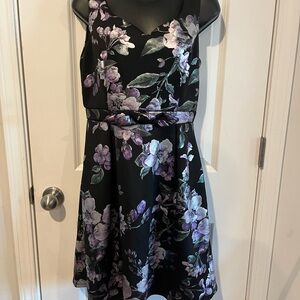 Black Floral V-Neck Mini Dress with Purple Accents